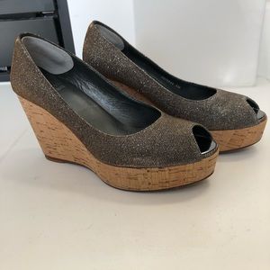 Stuart Weitzman Anna Peep Toe Cork Wedge Heels
